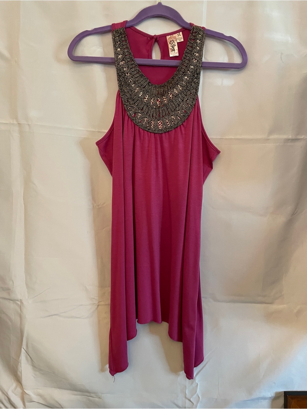 Beaded Neckline Fuchsia Tank Dress